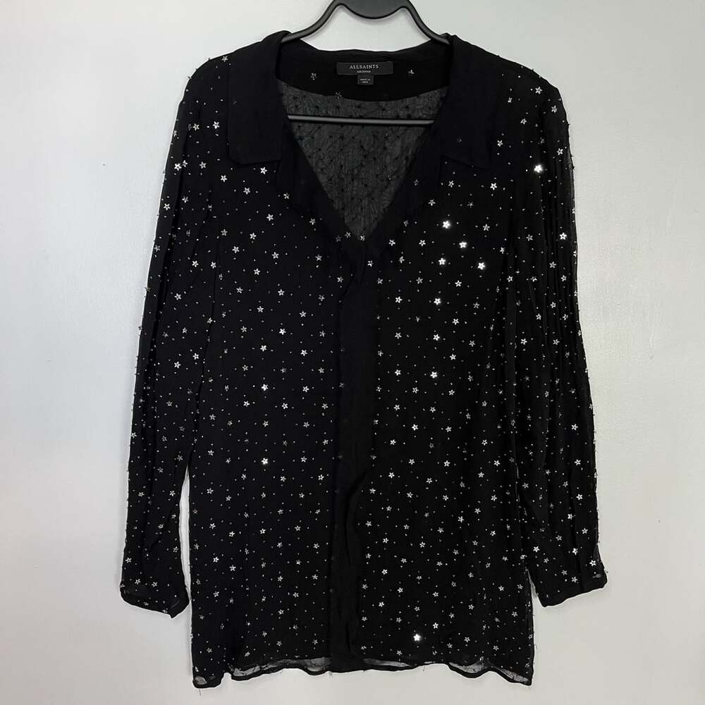 All Saints Shalien Star Embellished Sheer Black Top Blouse - Picture 1 of 13